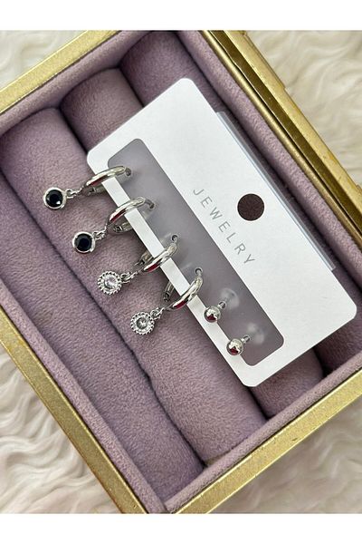 BY YASİN TOPÇU Vip Silver Color 3-Piece Minimal Stone Earring Set