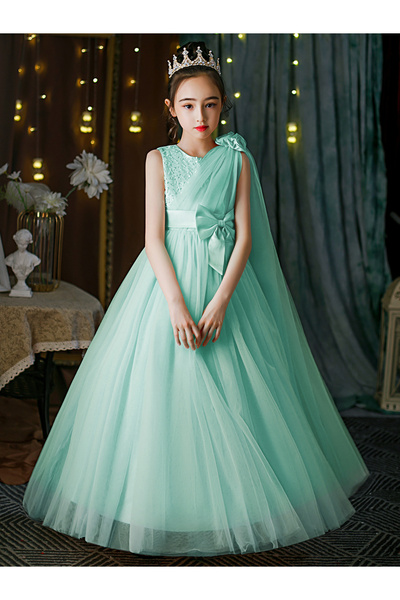 Styli Turquoise Embellished Bow Detail Mesh Party Dress