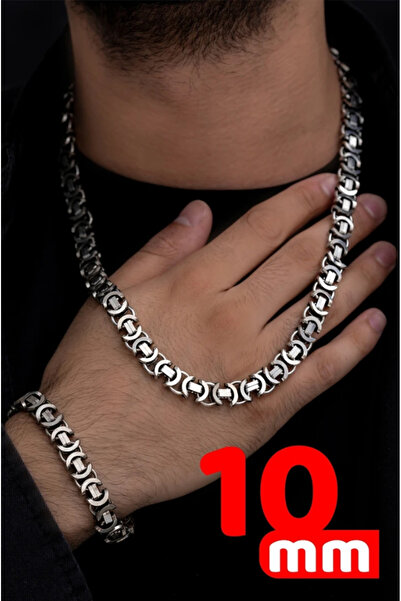 vogutima Erkek Gümüş Kolye Bileklik Set - 10mm Euro Kral Zincir Oksitli Model...