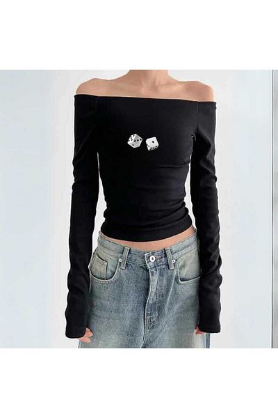 Touz Streetwear Printed Lace Black Long Sleeve Blouse