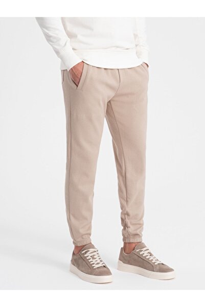 OMBRE CARROT Herren-Sweathose aus strukturiertem Strick - beige V2 OM-PASK-0143