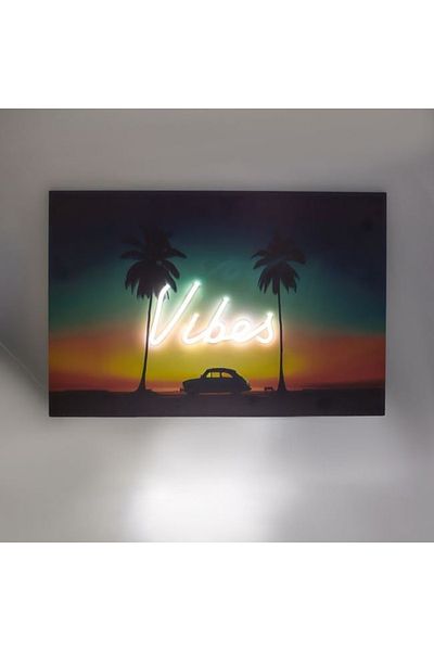 divendi-ro Decorative wooden LED wall art with Vibes sunset pattern, 60x40 cm, multicolor