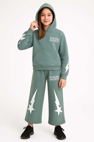 Midani Store Flygirl Society Lettering Hooded 2 Thread Tracksuit Set for Girls (Age 9-13) - Turquoise Brown