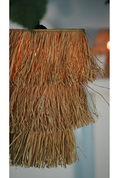 BOHEM SANATIM Bohem Saçaklı Hasır Sık Örme 3 Katlı Rafya Avize - Kafe, Sahil, Bungalov Aydınlatma (BEYAZ DUY)