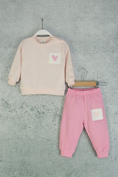 Mini Cotton Girl's Heart Printed Ribbed Tracksuit Set