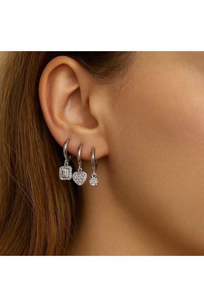 BY YASİN TOPÇU Vip Silver Colored Stone Square, Heart and Solitaire Figured 6-Piece Earrings Se
