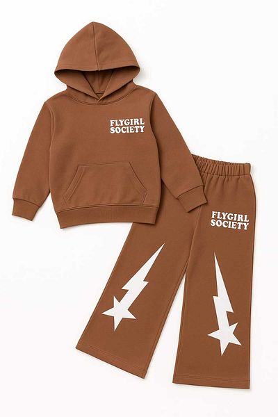 Midani Store Flygirl Society Lettering Hooded 2 Thread Tracksuit Set for Girls (Age 9-13) - Turquoise Brown