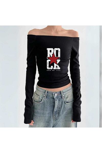 Touz Streetwear Printed Lace Black Long Sleeve Blouse