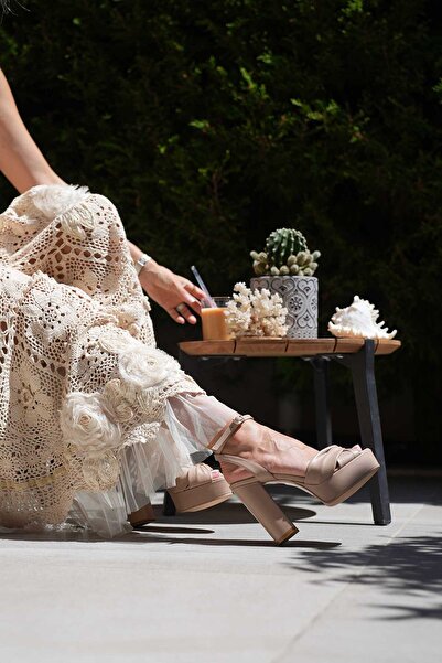 SHOEMOL SKT-076 Nude Deri Platform Topuklu Konfor Ayakkabı