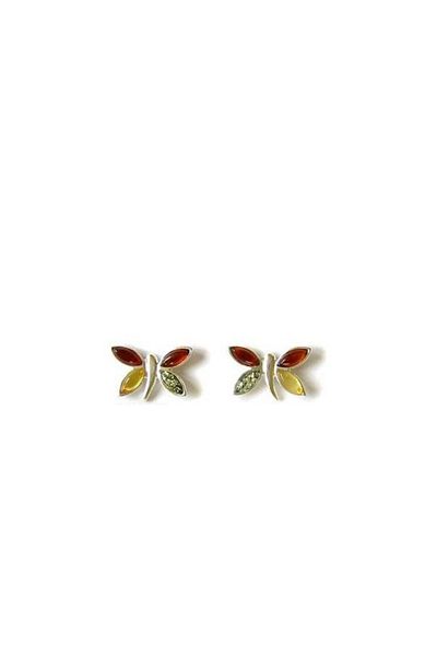 OEN Silver earrings with multicolored amber, butterfly shape, screw fastening, 2.7 g