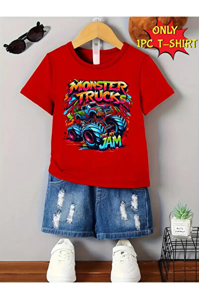 Styli Boys Red Graphic Monster Truck T-Shirt