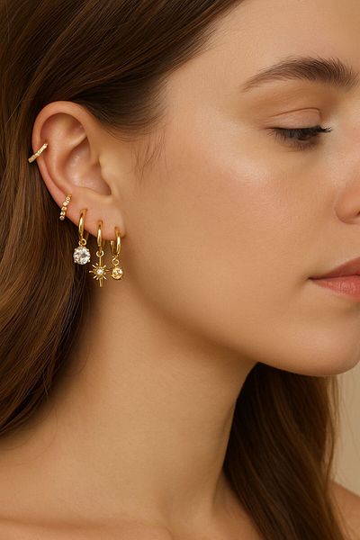 BY YASİN TOPÇU Vip Gold Color Star and Stone Detailed Set of 6 Charm Earrings