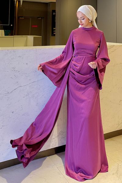Tesettür Diyarı Women's Arabella Cape Satin Fish Evening Dress-Pink