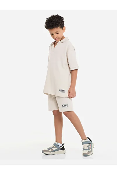 Victor and Jane By Styli Boys Textured Polo T-Shirt and Patch Detail Shorts Set
