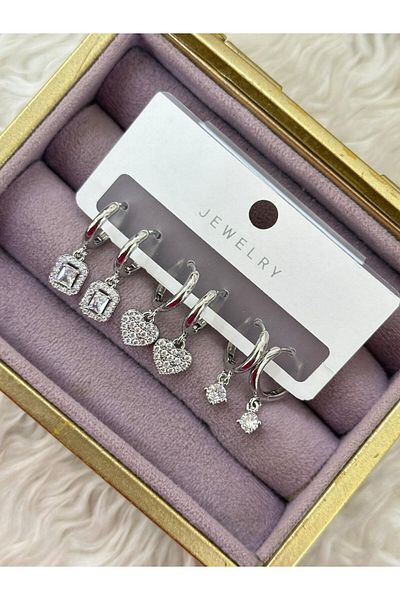 BY YASİN TOPÇU Vip Silver Colored Stone Square, Heart and Solitaire Figured 6-Piece Earrings Se