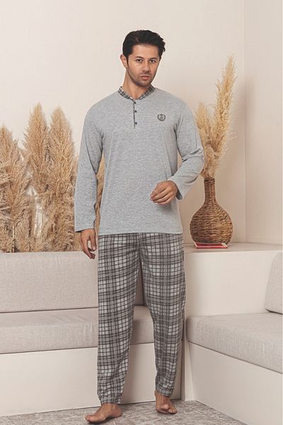 Farya Home Dreamy Cotton Plaid Checked Long Sleeve Button-Down Collar Men's Pajama Set