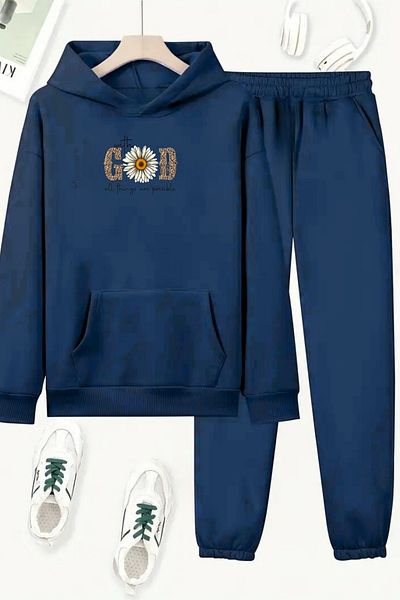 VBSVİBES Unisex Navy Blue God Flower Printed Tracksuit Hoodie - Winter Hooded Fabric