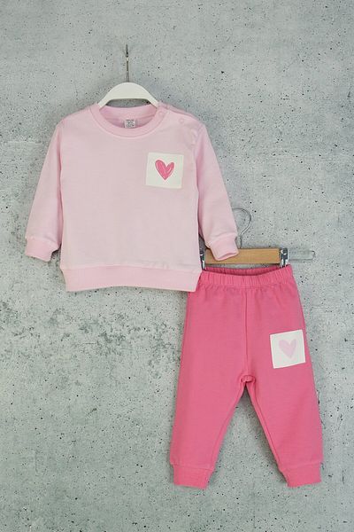 Mini Cotton Girl's Heart Printed Ribbed Tracksuit Set