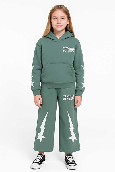 Midani Store Flygirl Society Lettering Hooded 2 Thread Tracksuit Set for Girls (Age 9-13) - Turquoise Brown