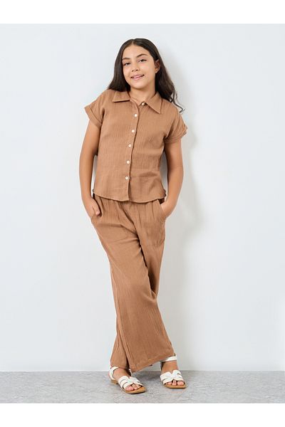 Styli Girls Brown Cotton Double Gauze Shirt