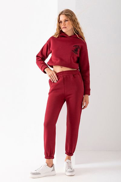 GİYSA Women's Hooded Sporty Embroidered Stopper Detailed Tracksuit Set Claret Red - 2607