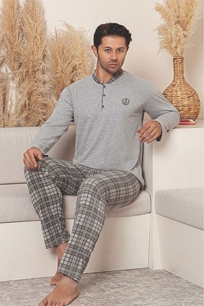 Farya Home Dreamy Cotton Plaid Checked Long Sleeve Button-Down Collar Men's Pajama Set
