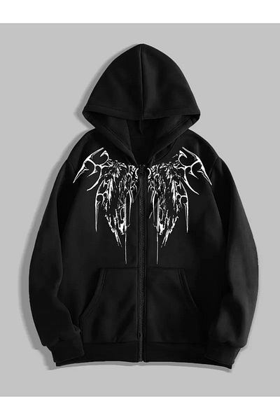 Touz Moda Gothic Printed Oversize Zippered Black Unisex Hooded Cardigan