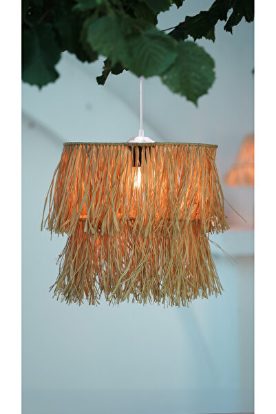 BOHEM SANATIM Bohem Saçaklı Hasır Sık Örme 2 Katlı Rafya Avize - Kafe, Sahil, Bungalov Aydınlatma (BEYAZ DUY)