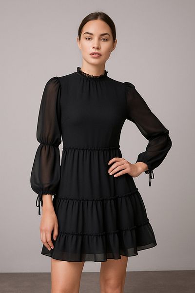 Noi Belis Black Gather Detailed Lined Mini Size Woven Dress Ss25El0054
