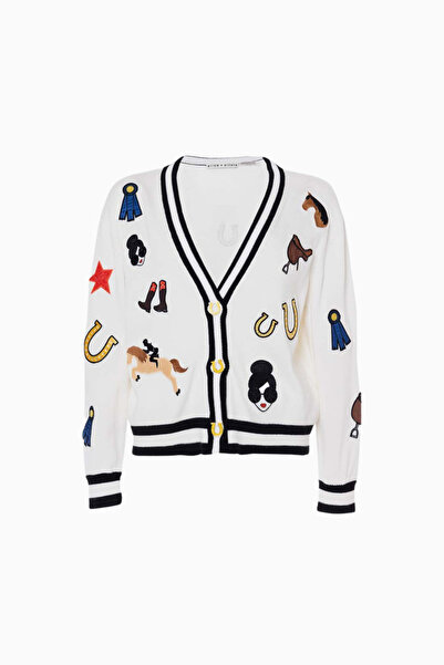 ALICE AND OLIVIA Rider Themed Embroidered Contrast Striped Cardigan