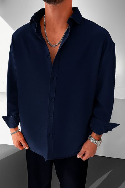 WAMOSSALAPLI Ayrobin Textured Owersie Linen Navy Blue Men's Shirt