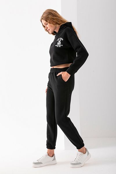 GİYSA Women's Hooded Sporty Embroidered Stopper Detailed Tracksuit Set Black - 2607