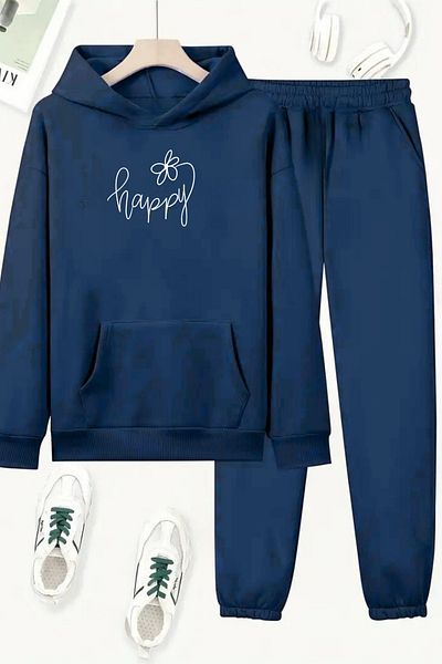 VBSVİBES Unisex Navy Blue Happy Printed Tracksuit Hoodie - Winter Raised Fabric