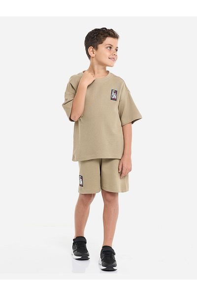 Victor and Jane By Styli Boys Khaki Textured Oversized T-Shirt and Shorts Set