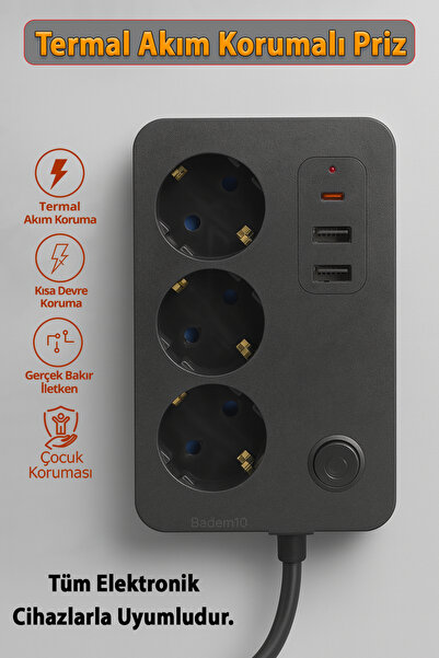 Badem10 3 Prizli 3 USB Girişli Çocuk Akım Korumalı Topraklı Golyat Grup Şarj Fiş Priz 2 Metre Uzatma Kablosu