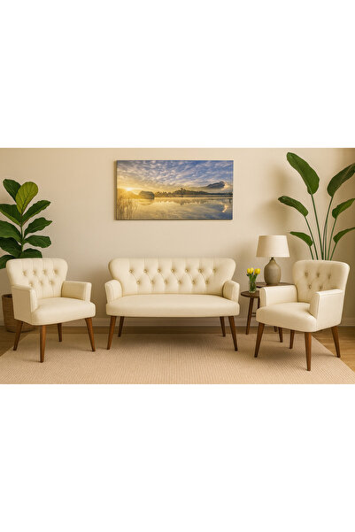 Azra Mobilya Krem Deri Chester Tarz Koltuk Takımı Modern Tasarım, Dayanıklı Ahşap Ayaklı Oturma Grubu (2+1+1)