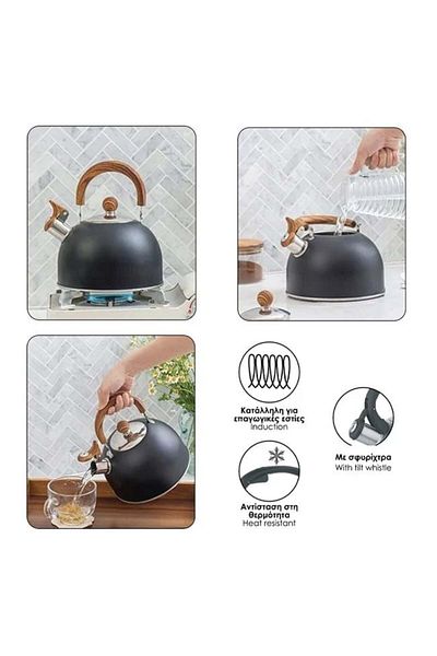 divendi-ro Stainless steel kettle with wooden handle, removable lid, 1.5L capacity, black