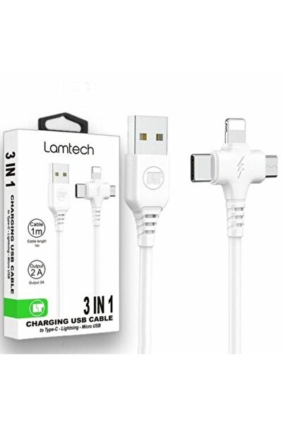 Lamtech Cablu de date și încărcare 3 în 1 USB la Type-C/Lightning/Micro USB 2A 1m, alb