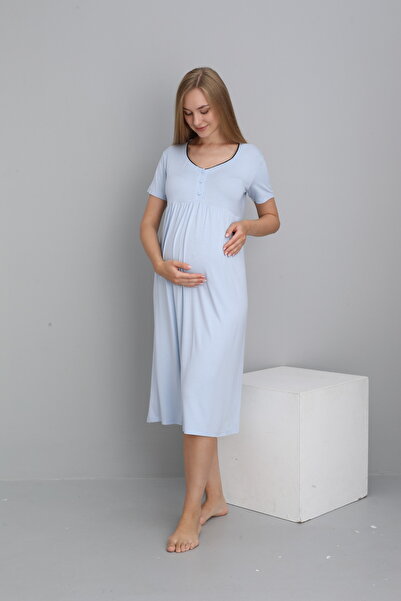 Miss Dünya Lissa Buttoned Maternity and Maternity Nightgown Set with Collar Detail