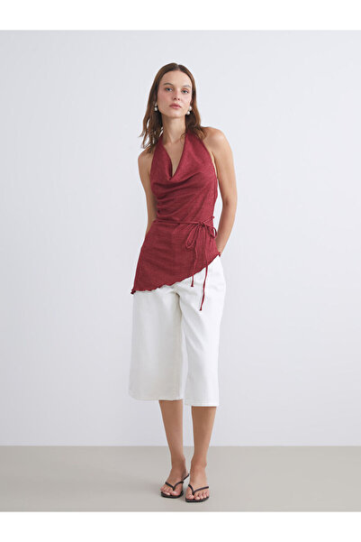 LC Waikiki Bordo Halter Yaka Dokulu Sırtı Pencereli Bluz