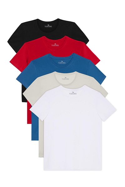 Tudors Unisex 5-Pack Black-White-Stone-Red-Blue Slim Fit Slim Fit 100% Cotton Crew Neck T-Shirt