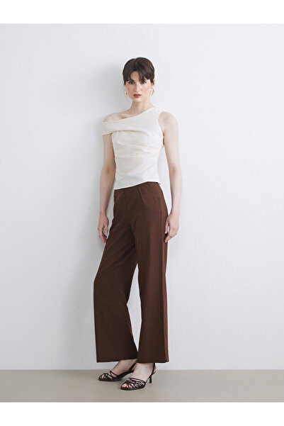 LC Waikiki Soulife Brown Linen Blend Women's Pleated Trousers