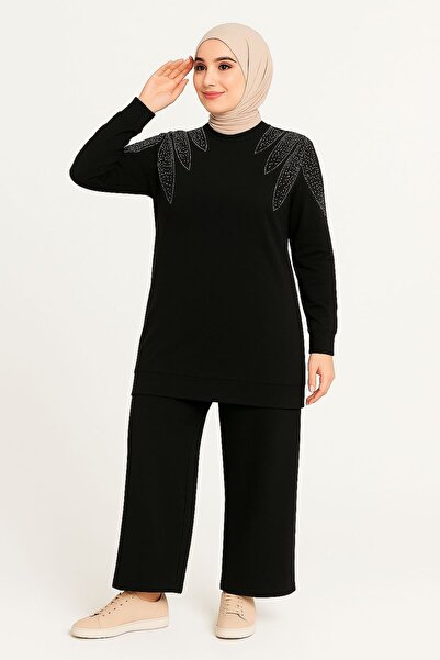 Sfg Life Moda Women's Black Hijab Clothing Elegant Stone Detailed Tunic & Trousers Two Piece Set