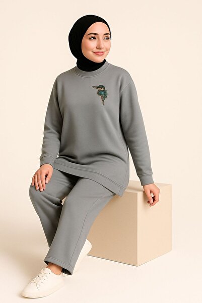 Sfg Life Moda Women's Gray Hijab Clothing Stylish Elegant Bird Stone Detailed and Crew Necktunic & Pants Two-Piece Set