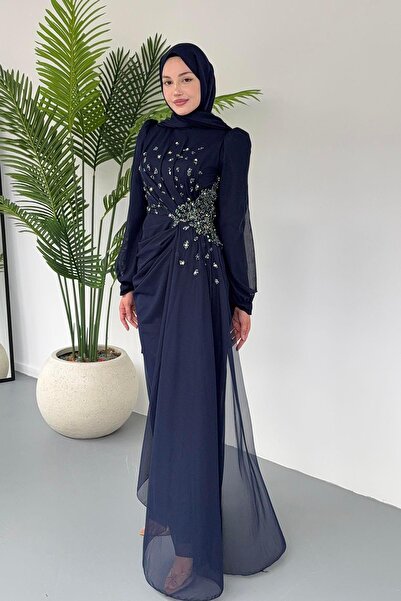 Modaensarbutik Taş Işıltılı Yandan Drapeli Tesettür Tül Abiye-LACİVERT
