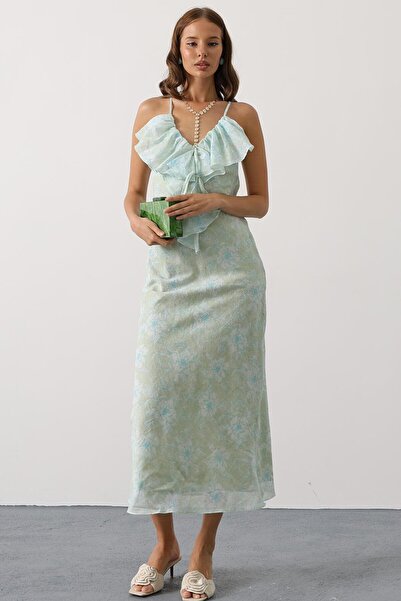 VAGGON Women's Green Patterned Strap Dress with Flounce Neck Vs00653