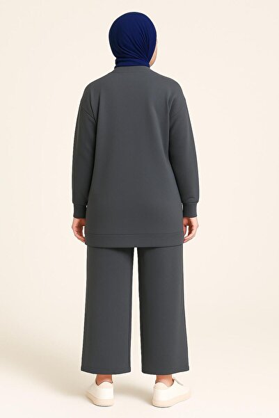 Sfg Life Moda Women's Gray Hijab Clothing Elegant Stone Detailed Tunic & Trousers Two-Piece Set