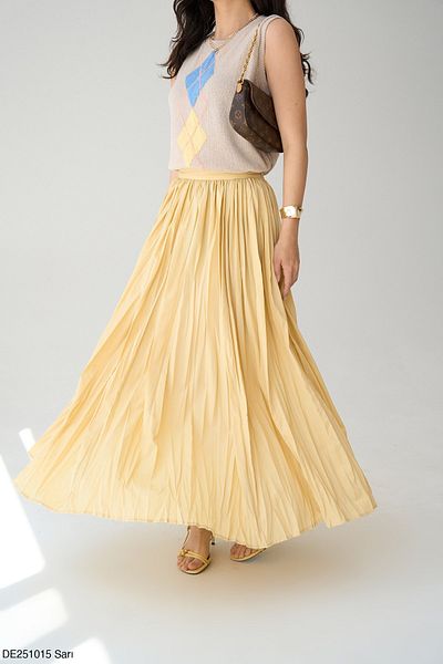 Qu Style High Waist Pleated Long Skirt Yellow