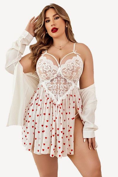 Peille Thin Strap Lace Detail Slit Plus Size Nightgown
