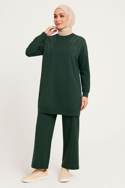 Sfg Life Moda Women's Green Hijab Clothing Elegant Stone Detailed Tunic & Trousers Double Set